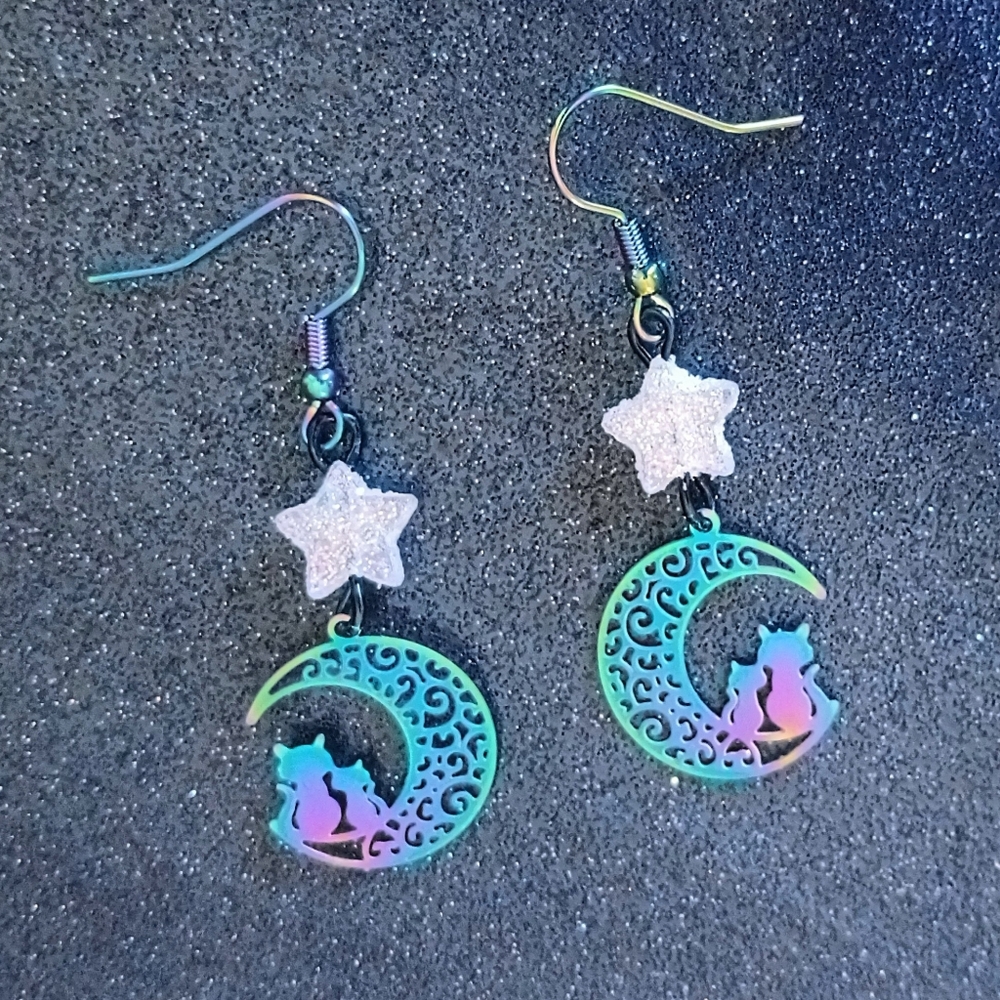 Stainless steel titanium rainbow cats sitting on moon with star dangle earrings